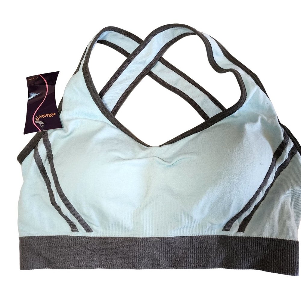Blue Gray‎ Criss Cross Strap Yoga Bra Removable Pads Support NWT